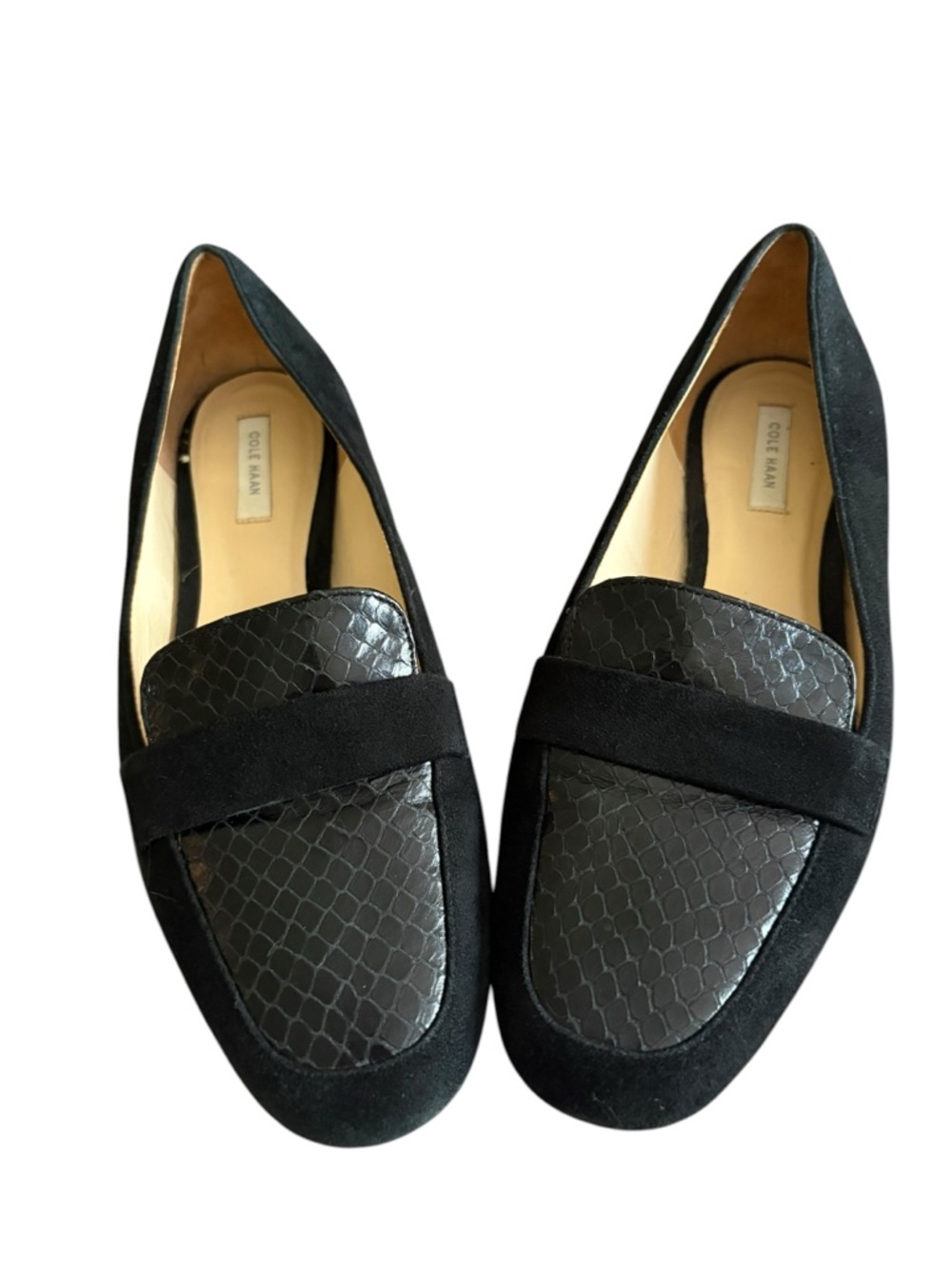 Cole Haan women’s Dakota loafer in black suede with black snakeskin toe size 8b